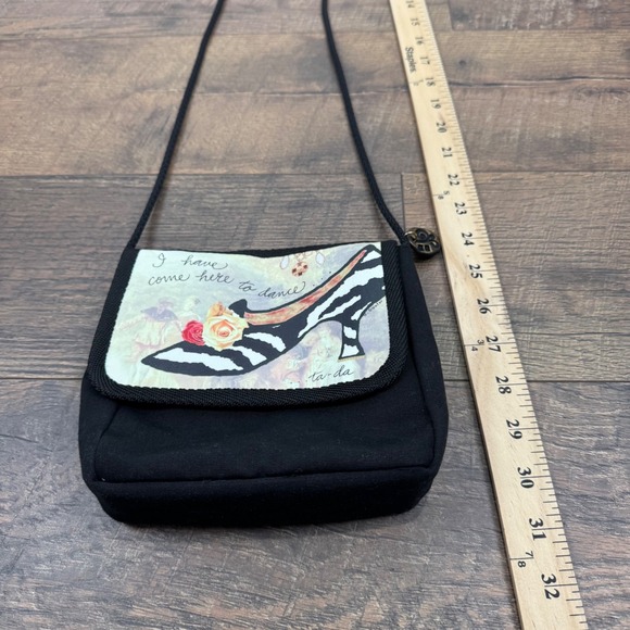 Whimsical Shoe Art Crossbody Shoulder Bag Black Canvas Graphic Strap Small Bag - Picture 6 of 10